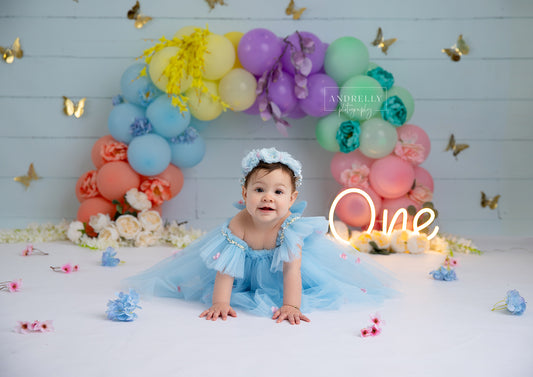 Fox Macaron Balloon Arch Birthday Vinyl Backdrop Designed by Blanca Perez