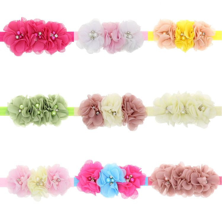 Fox Three Hand-stitched Flower Headband Pearl Chiffon Flower Elastic Headband