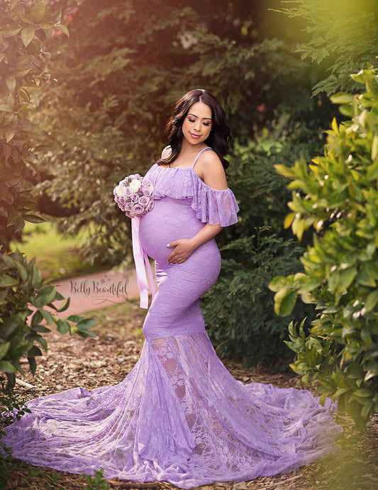 Fox Sexy Off the Shoulder Long Lilac Lace Maternity Dress for Photoshoot