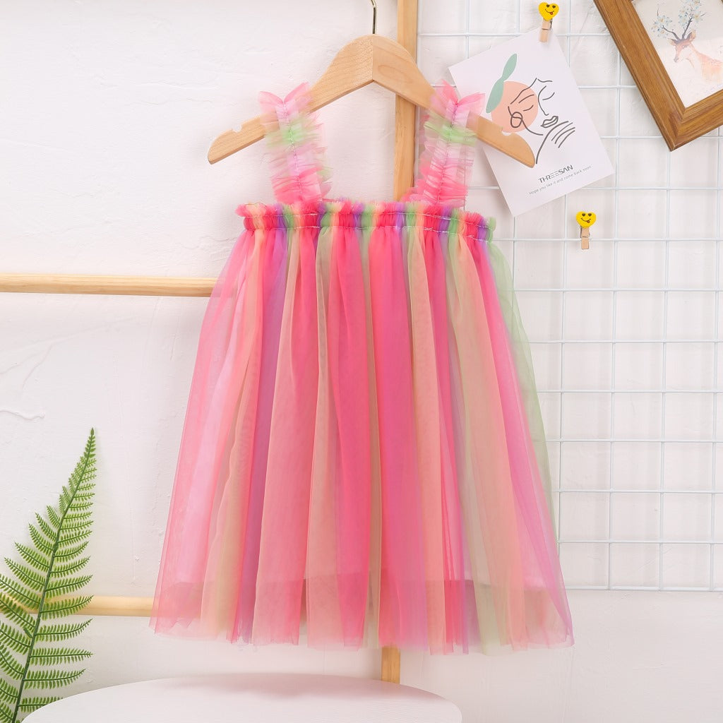 Fox Summer New Girls Suspenders Mesh Dress Princess Rainbow Tutu