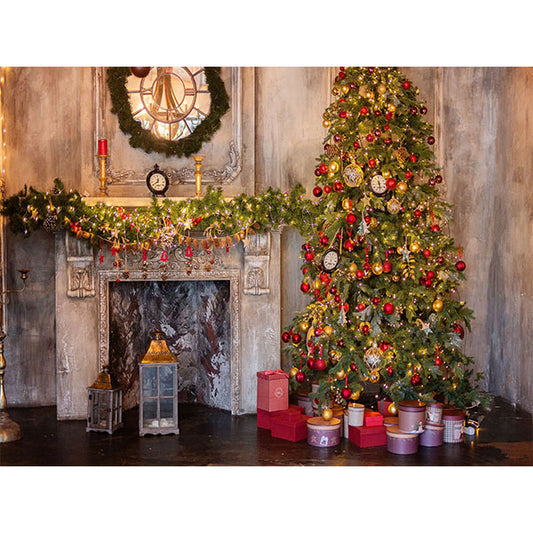 Fox Rolled Retro Christmas Fireplace Tree Vinyl Backdrop - Foxbackdrop