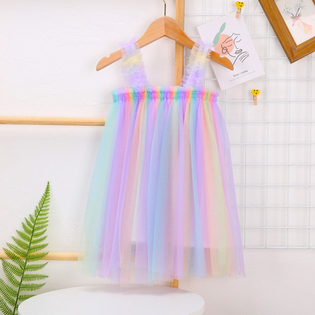 Fox Summer New Girls Suspenders Mesh Dress Princess Rainbow Tutu