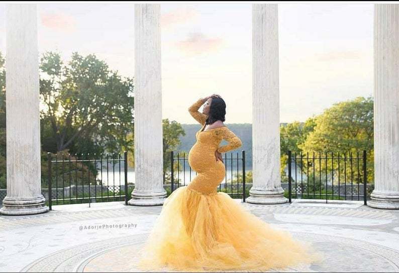 Fox Sexy Mermaid Long Blue Lace Mermaid Maternity Dress for Photoshoot