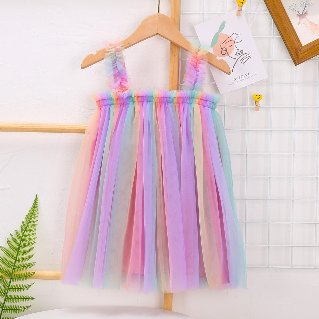 Fox Summer New Girls Suspenders Mesh Dress Princess Rainbow Tutu