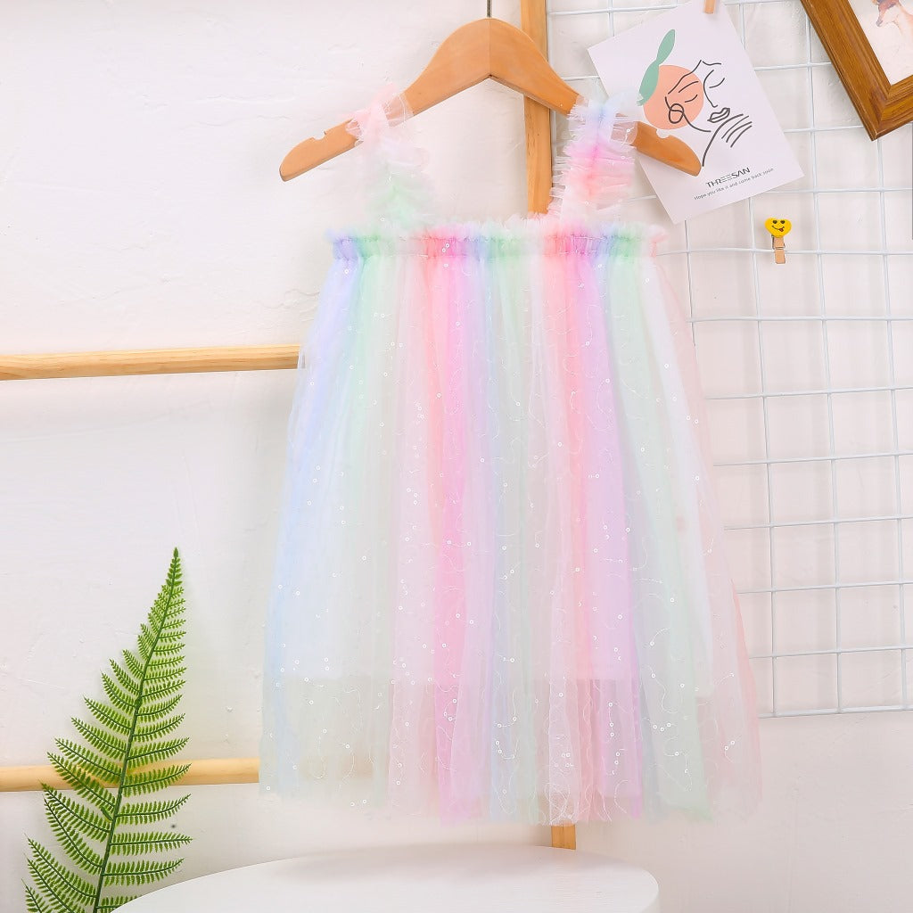 Fox Summer New Girls Suspenders Mesh Dress Princess Rainbow Tutu