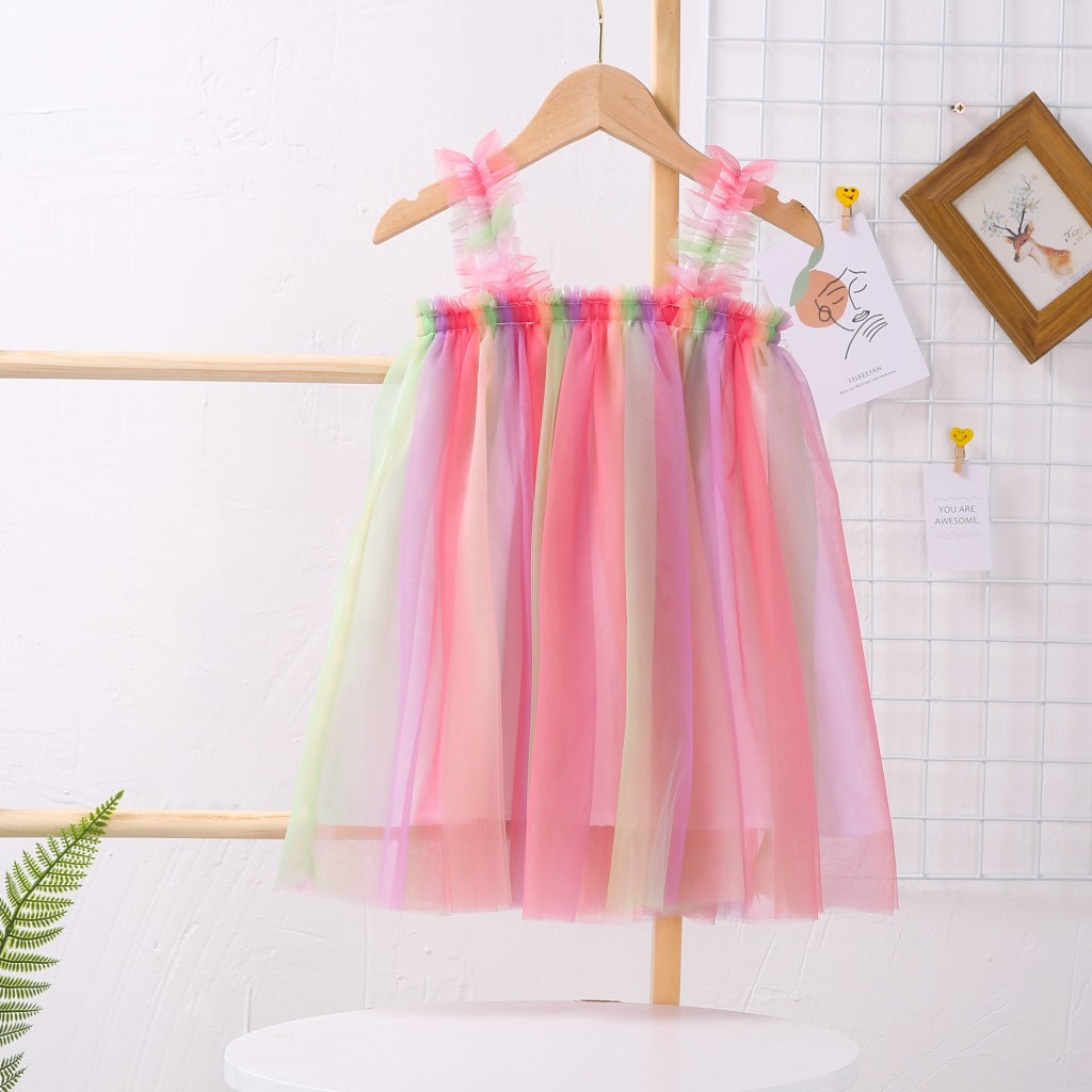 Fox Summer New Girls Suspenders Mesh Dress Princess Rainbow Tutu