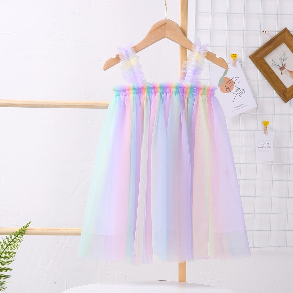 Fox Summer New Girls Suspenders Mesh Dress Princess Rainbow Tutu