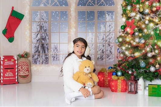 Fox Window Christmas Lights Vinyl Photo Backdrop