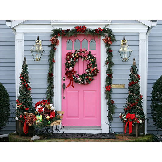 Fox Rolled Vinyl Christmas Front Door Trees Photography Backdrop - Foxbackdrop