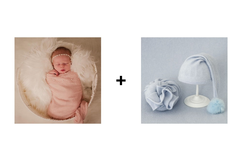 Warm up 2PCS Iron Knitting White Basket + Bonnet with 40x170cm Posing Wrap Photography Props