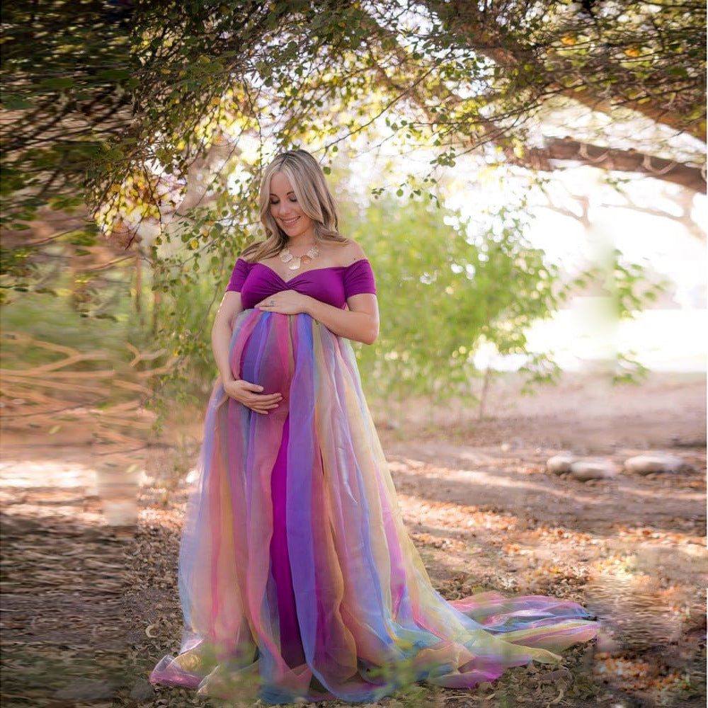 purple and teal maternity dress Violet Maternity Maxi Dress with Slit and Short Sleeves