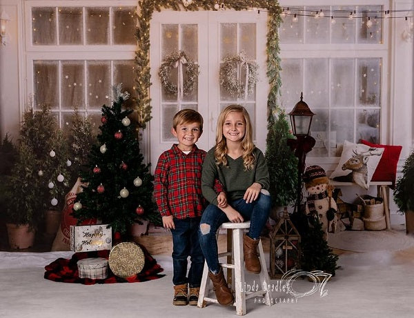 Fox Christmas Front Door Lights Vinyl Family Backdrop