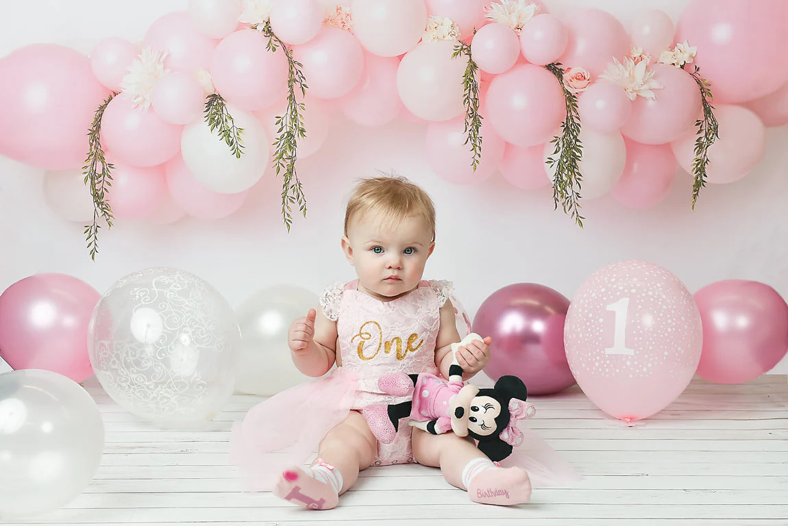 Fox Pink Balloons Vinyl Girl's Birthday Backdrop +White Wood Vinyl Backdrop floor drop combo set
