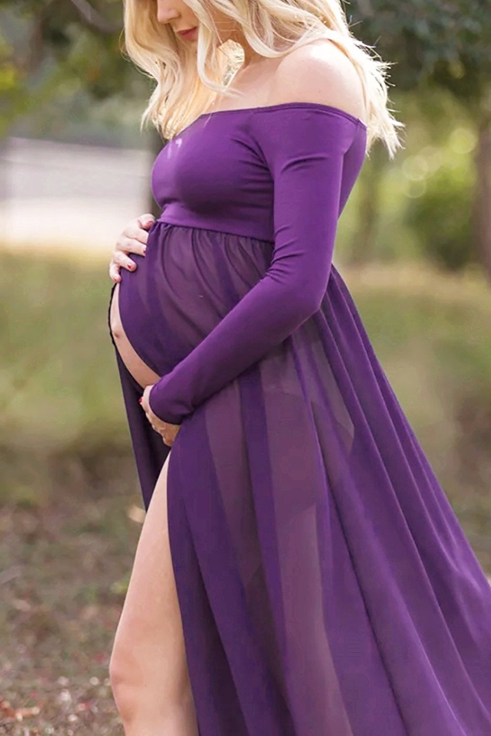 Buy Sale Fox Off the Shoulder Long Chiffon Purple Maternity Dress