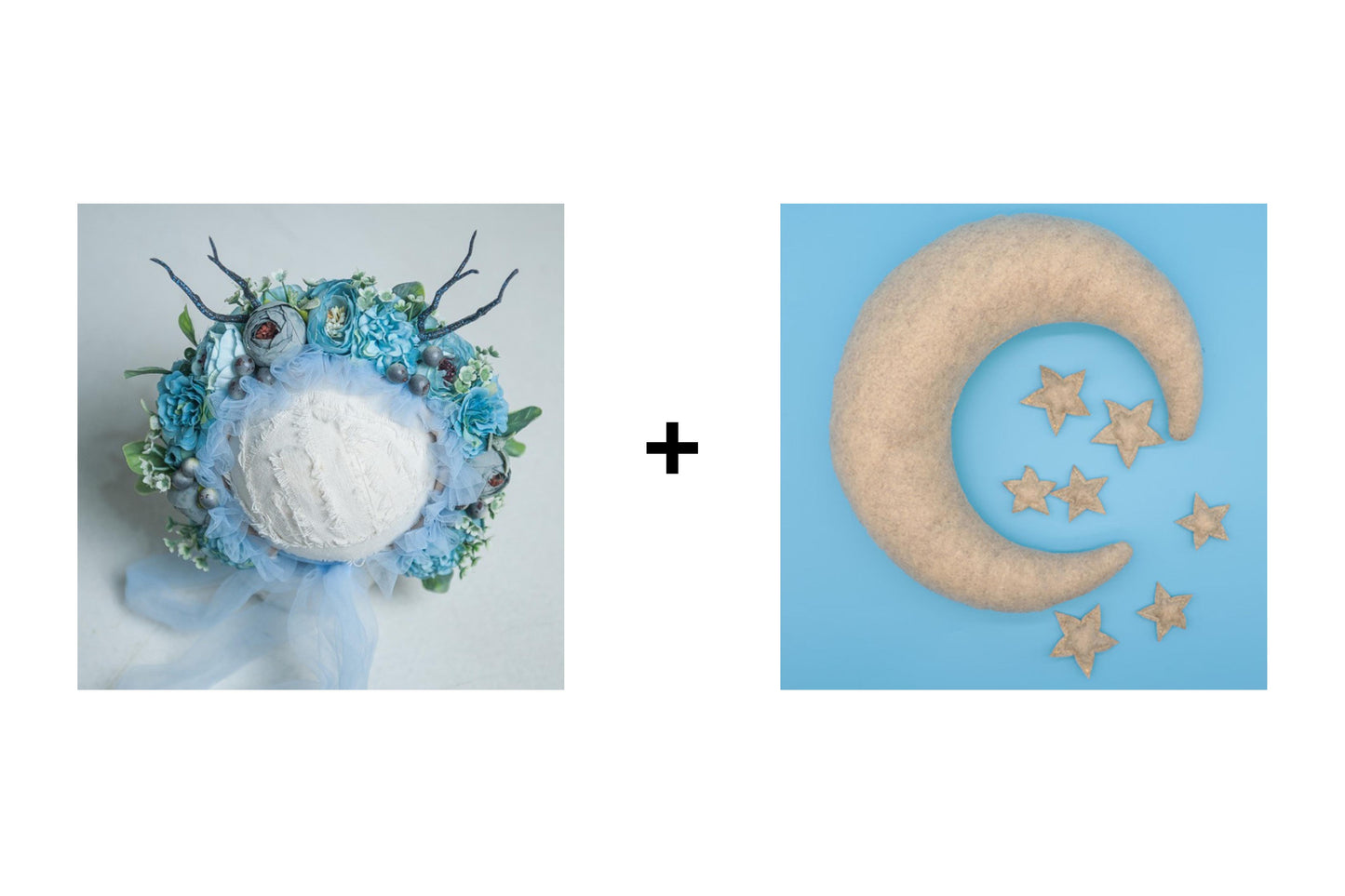 Warm up 2PCS Blue Flower Bonnet + Beige 8pcs Posing Pillows Photography Props