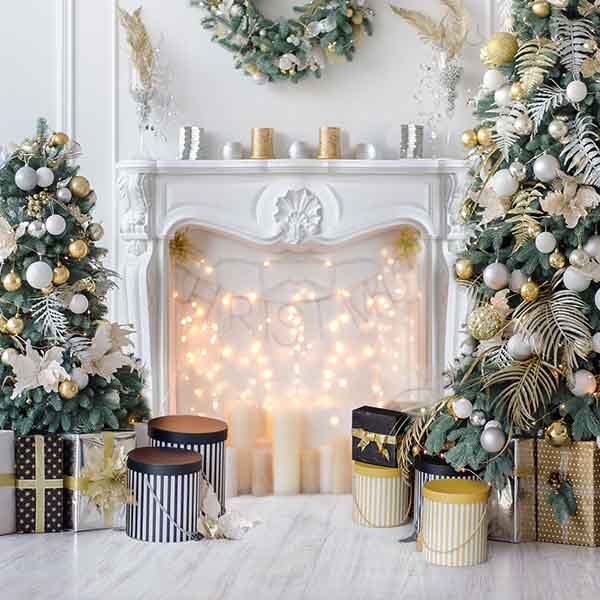 Fox Rolled Christmas Trees Fireplace Vinyl Photo Backdrop - Foxbackdrop