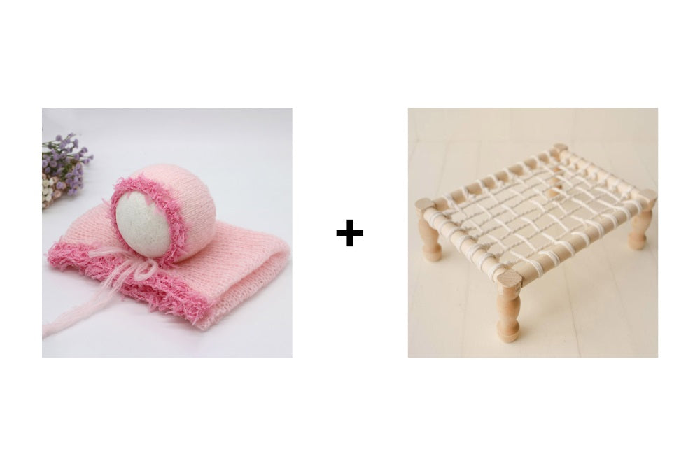 Warm up 2PCS Square White Woven Wooden Stool + Pink Hat Wrap Newborn Photography Props