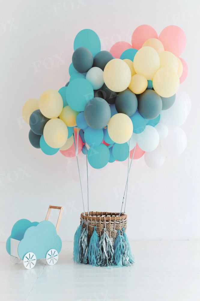 Fox Festive Balloons with Basket on White Vinyl Backdrop for Photography Birthday