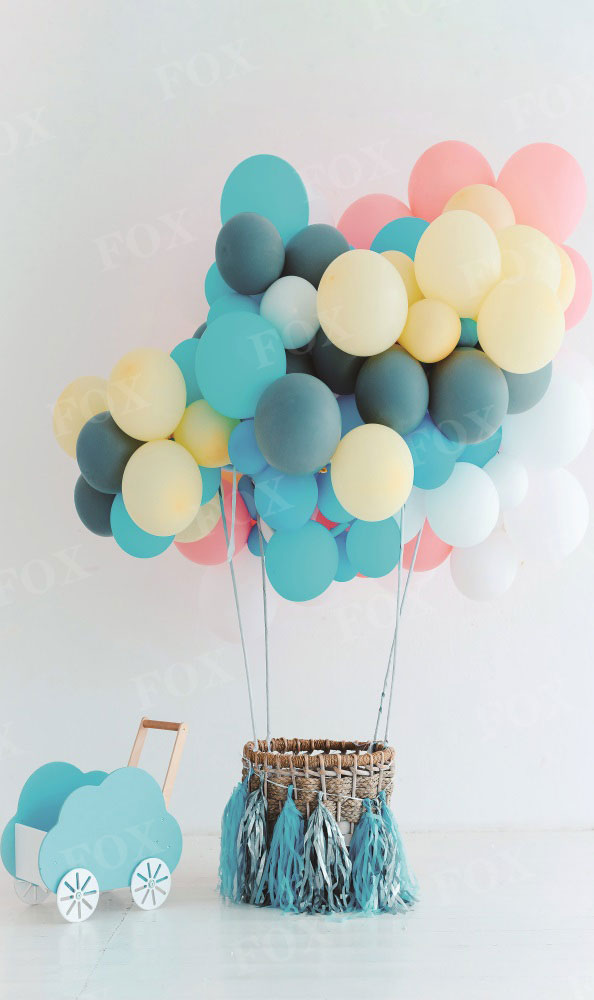 Fox Festive Balloons with Basket on White Vinyl Backdrop for Photography Birthday