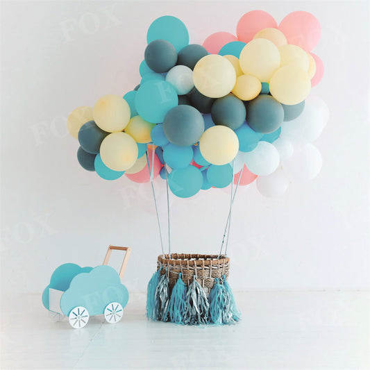 Fox Festive Balloons with Basket on White Vinyl Backdrop for Photography Birthday
