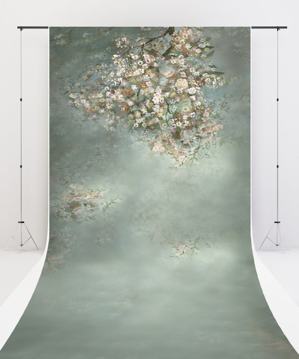 Fox Sweep Fabric Backdrop Green White Flowers for Photography