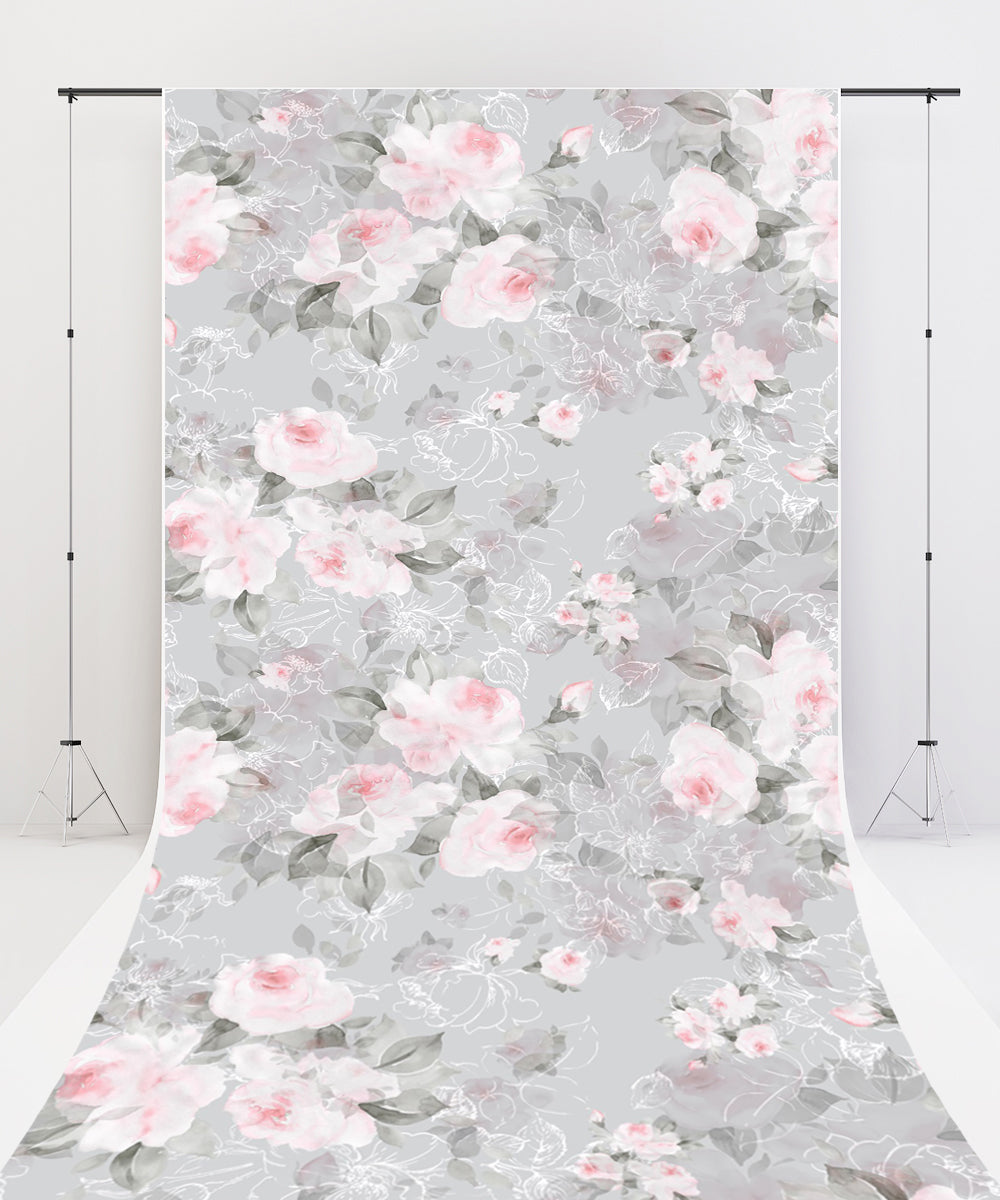Fox Sweep Fabric Backdrop Watercolor Pink Flowers Grey for Photography