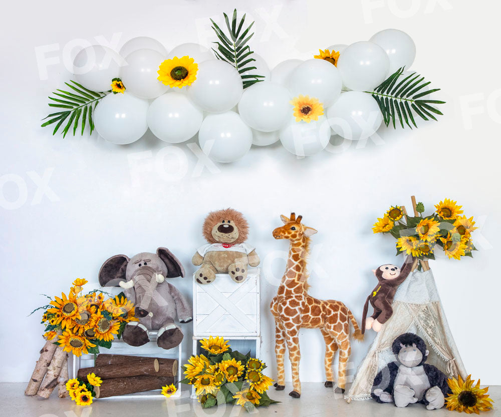 Fox Balloon Sunflower Birthday Fabric/Vinyl Backdrop for Photography