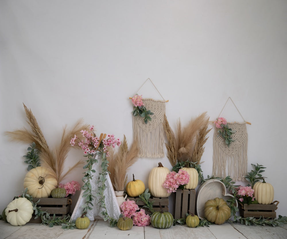 Fox Boho Autumn Pumpkin Vinyl Backdrop Designed by Blanca Perez