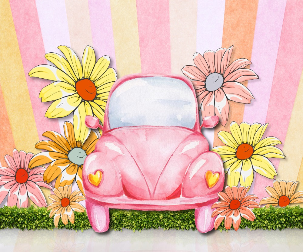 Fox Summer Car Cartoon Sunflower Vinyl Backdrop Designed by JT photography