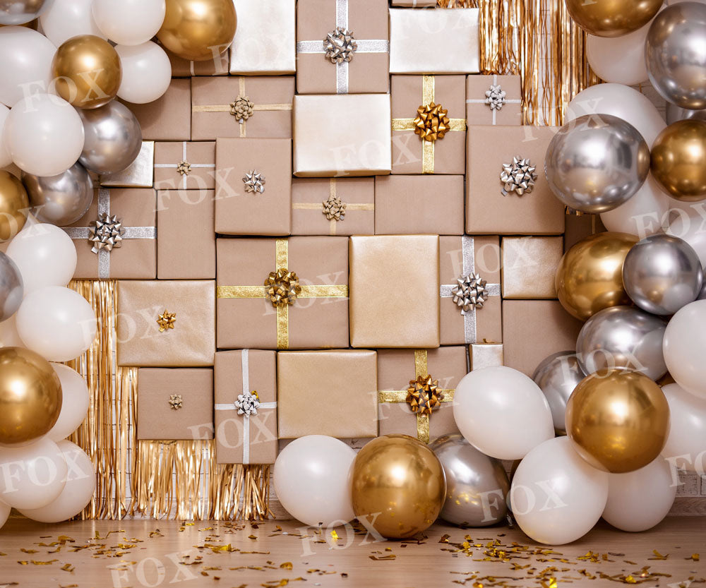 Fox Balloon Birthday Vinyl Backdrop with Wall Decoration in Golden and Silver Color