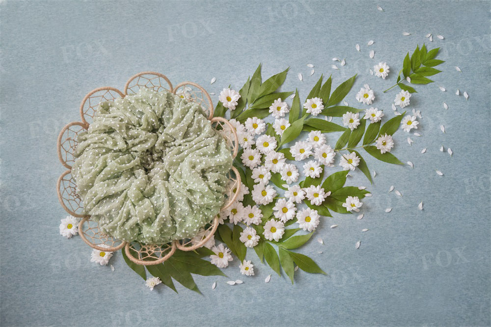 Fox Flower White Daisies Turquoise Vinyl Backdrop Suitable for Newborns