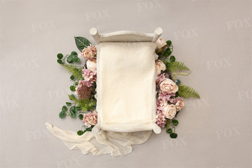 Fox Small Wooden Bed Vinyl Backdrop with White Cape and Floral Decorations Suitable for Newborns