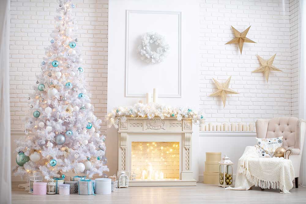 Fox Christmas Holiday Family Fireplace Vinyl Photo Backdrop - Foxbackdrop