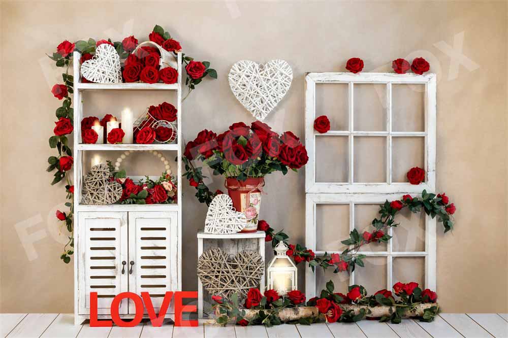 Fox Love Heart and Red Rose Valentine's Day Vinyl Backdrop