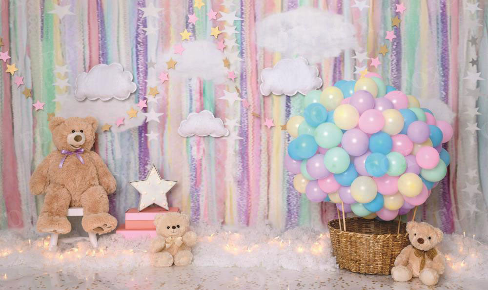 Fox Summer Hot Air Balloon Bear and Stars Birthday Vinyl Backdrop Designed by Claudia Uribe