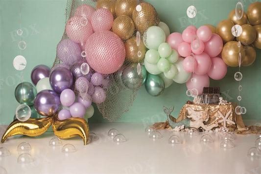Fox Mermaid Balloon Birthday Vinyl Backdrop Designed by Kristen Noelle