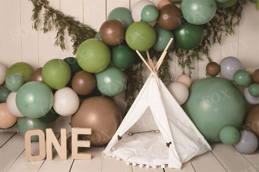 Fox Tent Balloons Boy Birthday Vinyl Backdrop Design by Kali