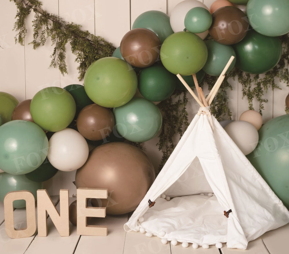 Fox Tent Balloons Boy Birthday Vinyl/Fabric Backdrop Design by Kali
