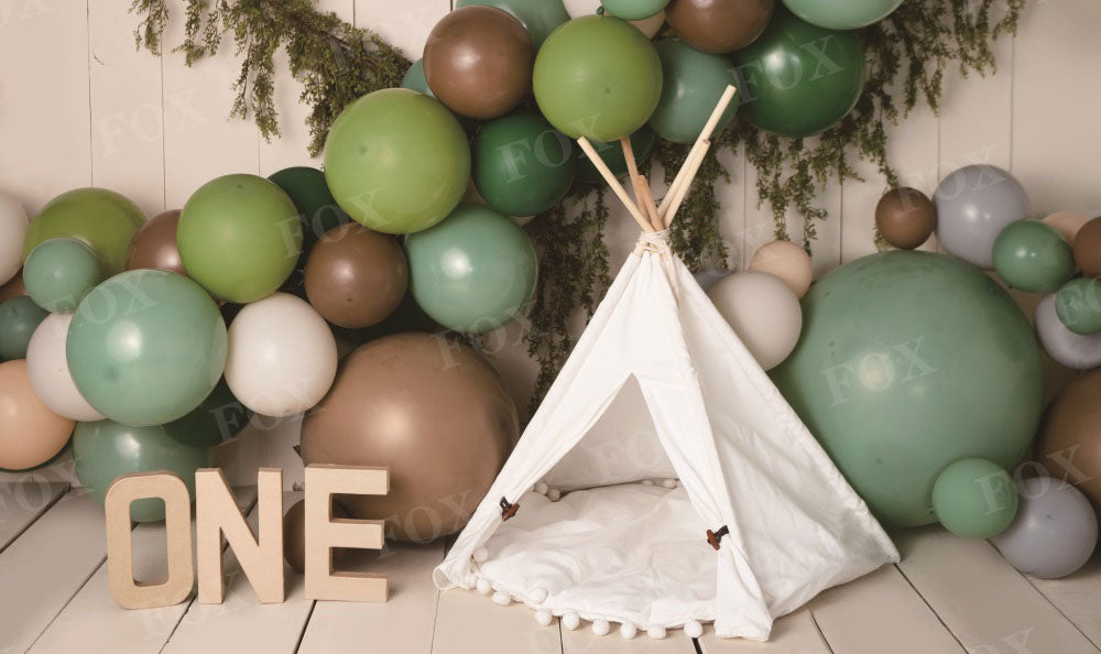 Fox Tent Balloons Boy Birthday Vinyl/Fabric Backdrop Design by Kali