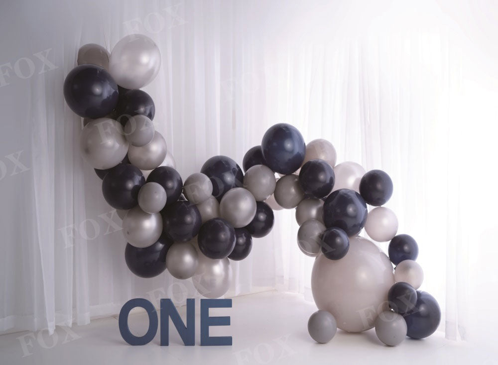 Fox Birthday Party Cakesamsh Grey and Navy Vinyl/Fabric Backdrop Design by Kali