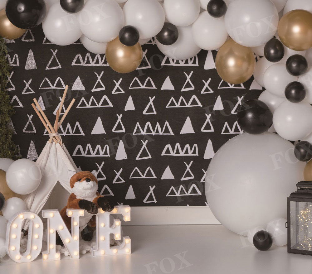 Fox Balloon Modern Camping Cakesmash Birthday Vinyl/Fabric Backdrop Design by Kali