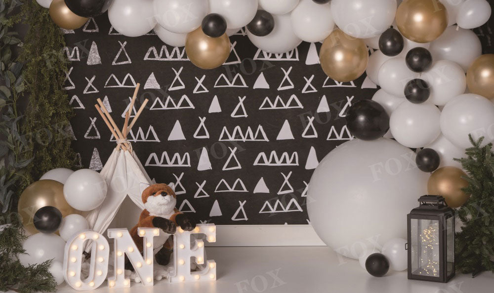 Fox Balloon Modern Camping Cakesmash Birthday Vinyl/Fabric Backdrop Design by Kali