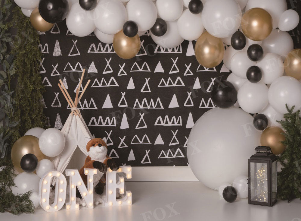 Fox Balloon Modern Camping Cakesmash Birthday Vinyl/Fabric Backdrop Design by Kali