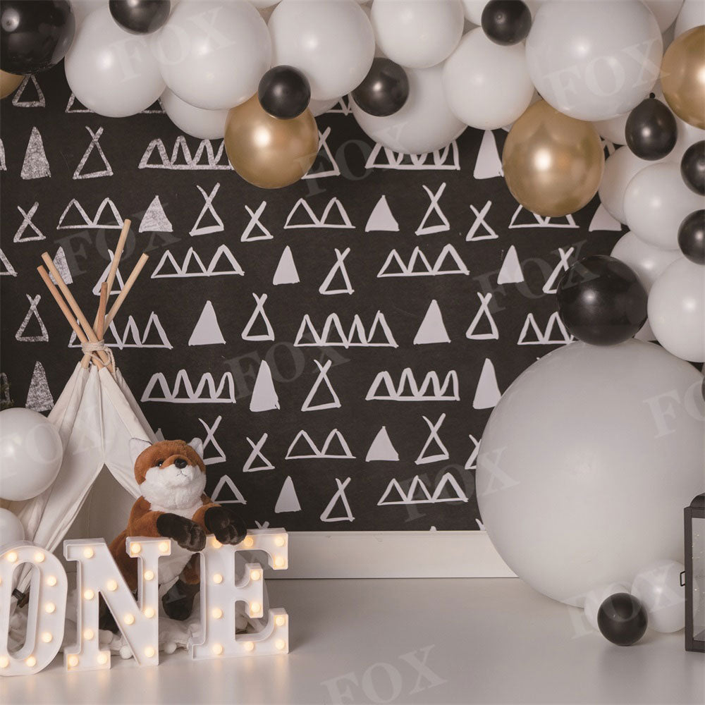 Fox Balloon Modern Camping Cakesmash Birthday Vinyl/Fabric Backdrop Design by Kali