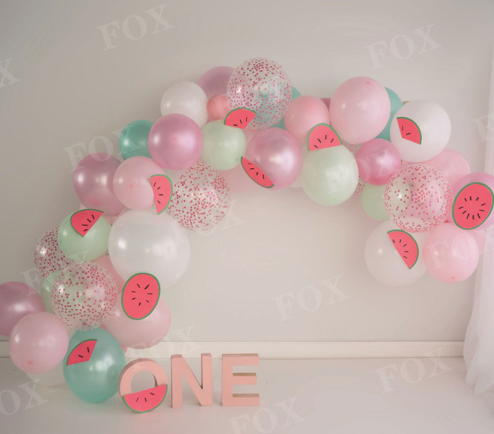Fox One in a Melon Pink Pastel Summer Cakesmash Birthday Vinyl Backdrop Design by Kali