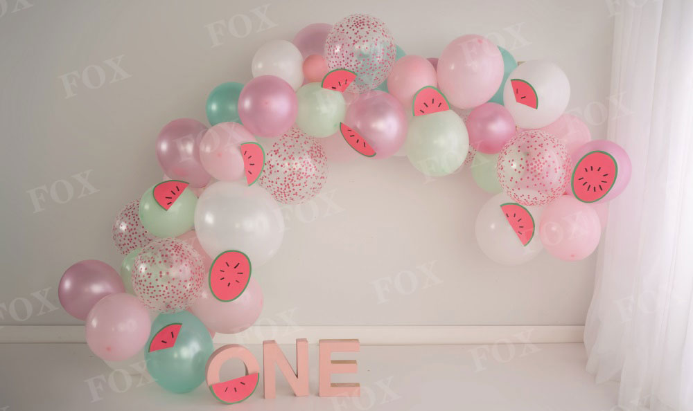 Fox One in a Melon Pink Pastel Summer Cakesmash Birthday Vinyl Backdrop Design by Kali