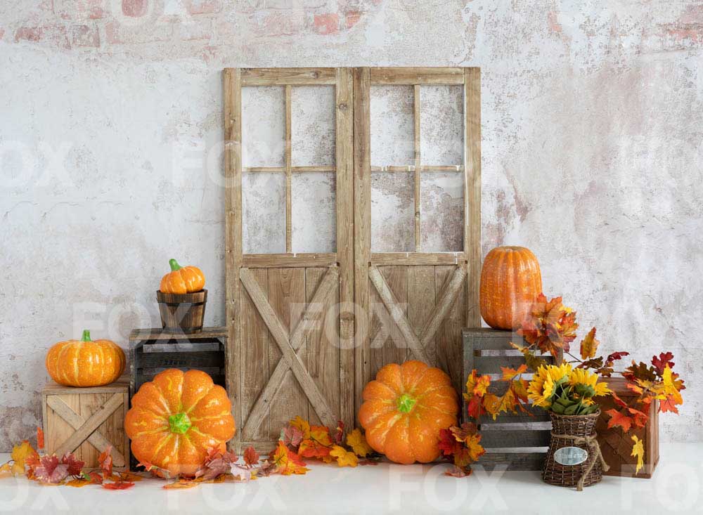 Fox Autumn Pumpkin Wooden Door Old Door Maple Leaf Vinyl Backdrop