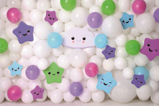 Fox Happy Stars Colorful Balloons Wall Cakesmash Birthday Clouds Vinyl Backdrop Designed by Claudia Uribe