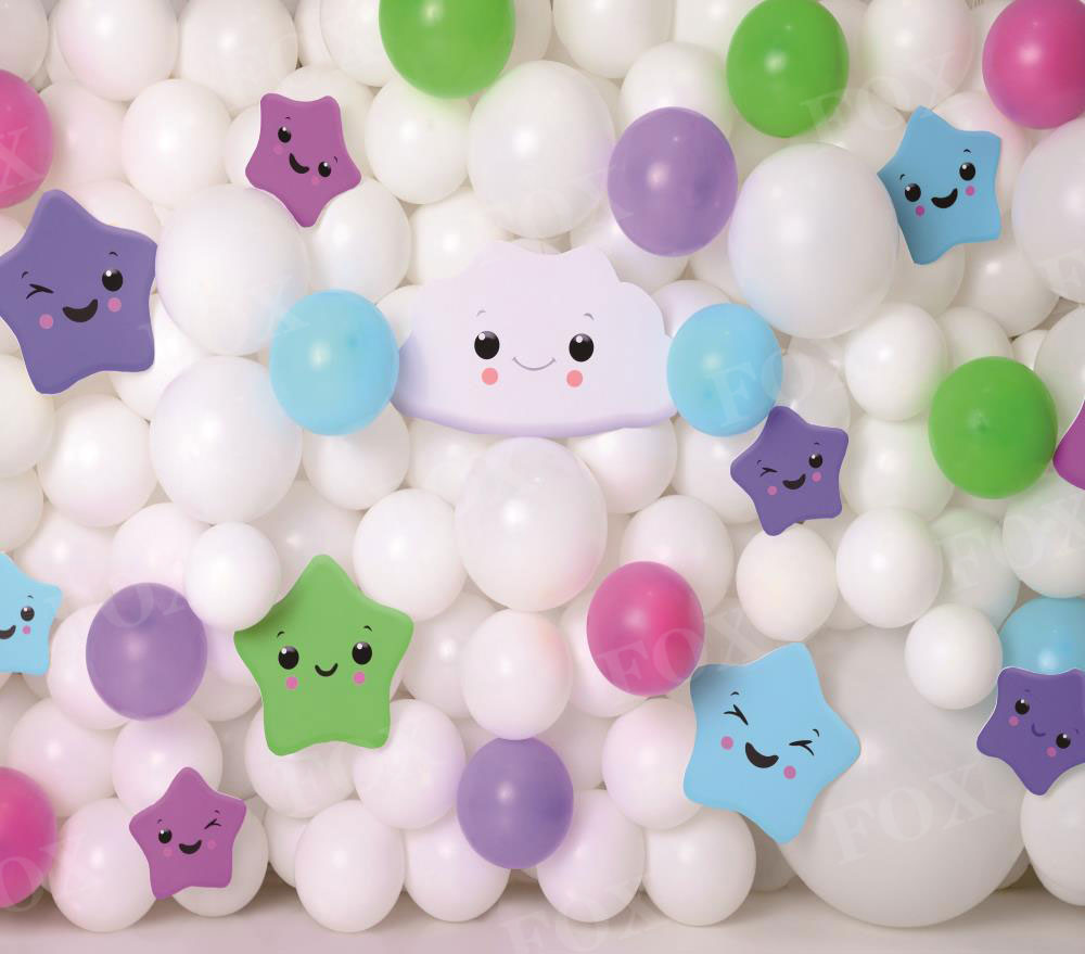 Fox Happy Stars Colorful Balloons Wall Cakesmash Birthday Clouds Vinyl Backdrop Designed by Claudia Uribe