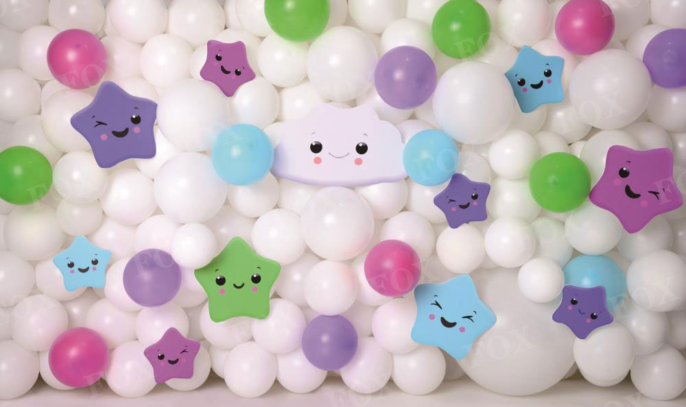 Fox Happy Stars Colorful Balloons Wall Cakesmash Birthday Clouds Vinyl Backdrop Designed by Claudia Uribe